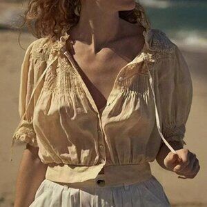 Doen Agatha Ramie Short Sleeve Lace Shirt - Yellow